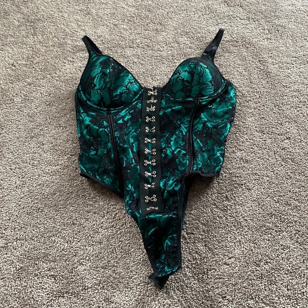 Escante Green & Black Lace Hook-and-Eye Bodysuit Lingerie SIZE L